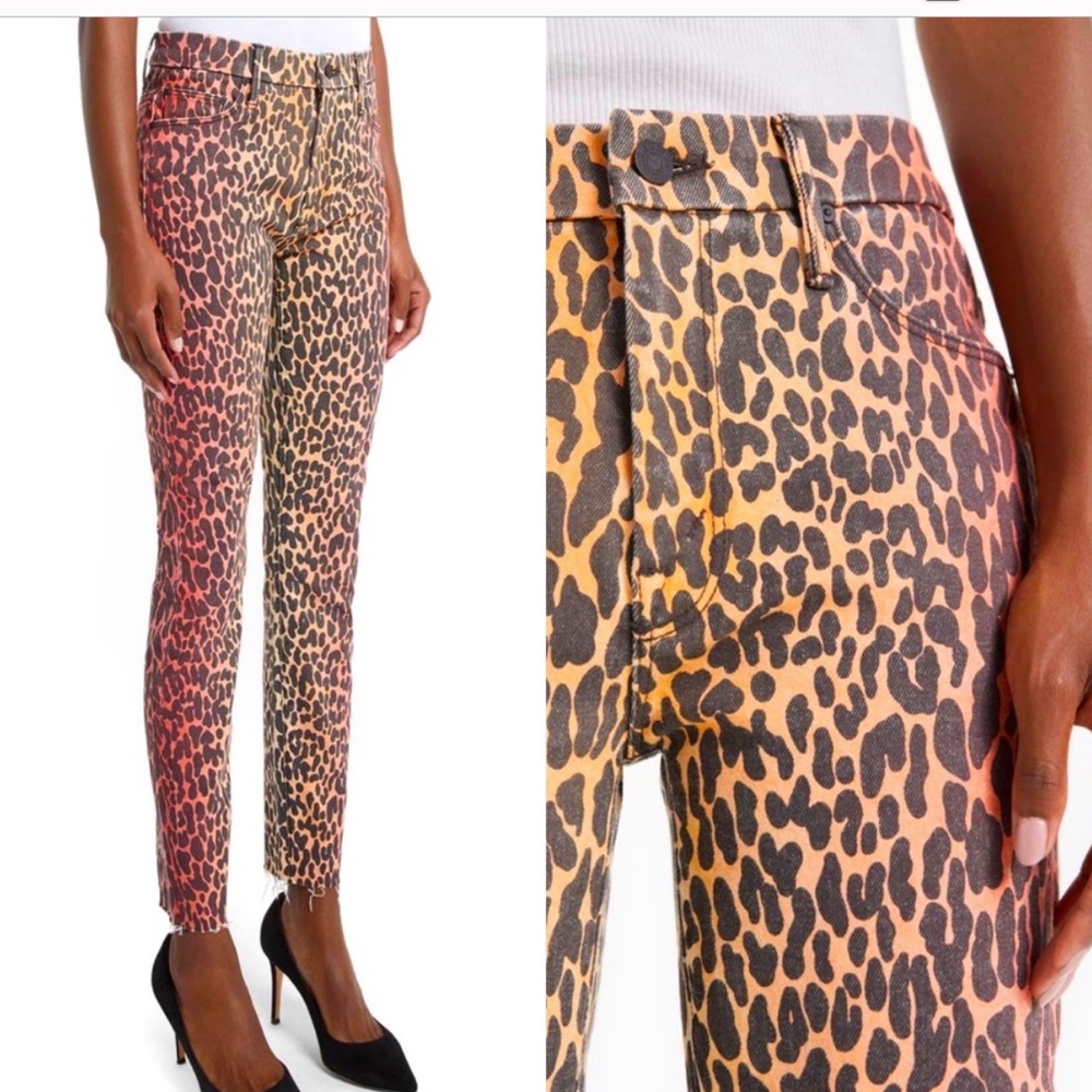 Mother Pink/Yellow/Orange Leopard Print The Looker High Waist Fray Ankle Jeans